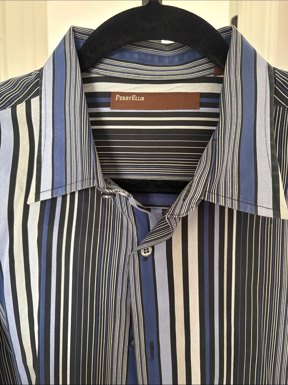 Perry Ellis Blue, Black, White Striped Dress Shirt